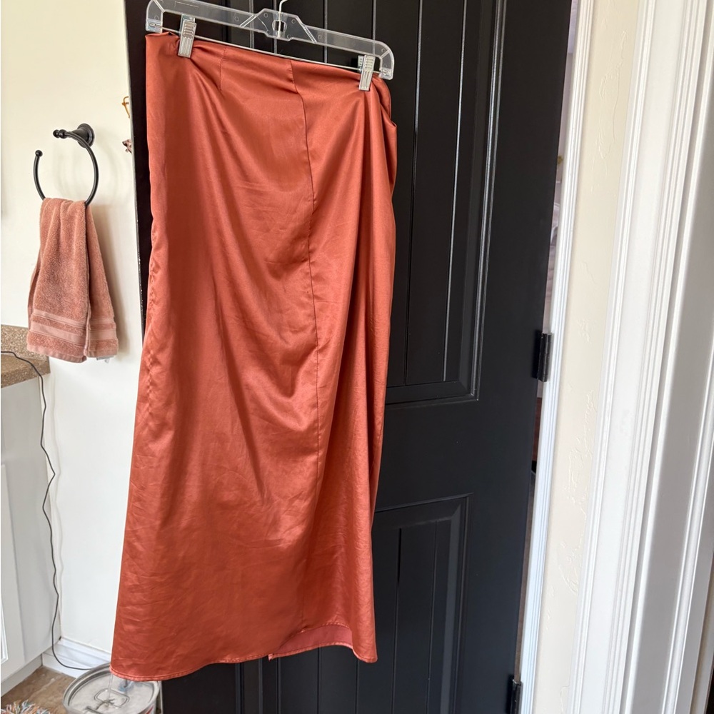 orange silk like material slit skirt